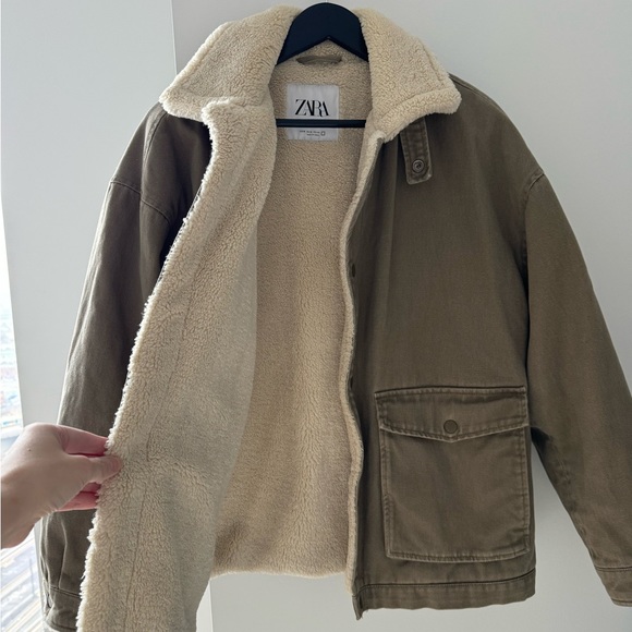 Zara Double Faced Cotton Jacket with Faux Shearling - Picture 5 of 7